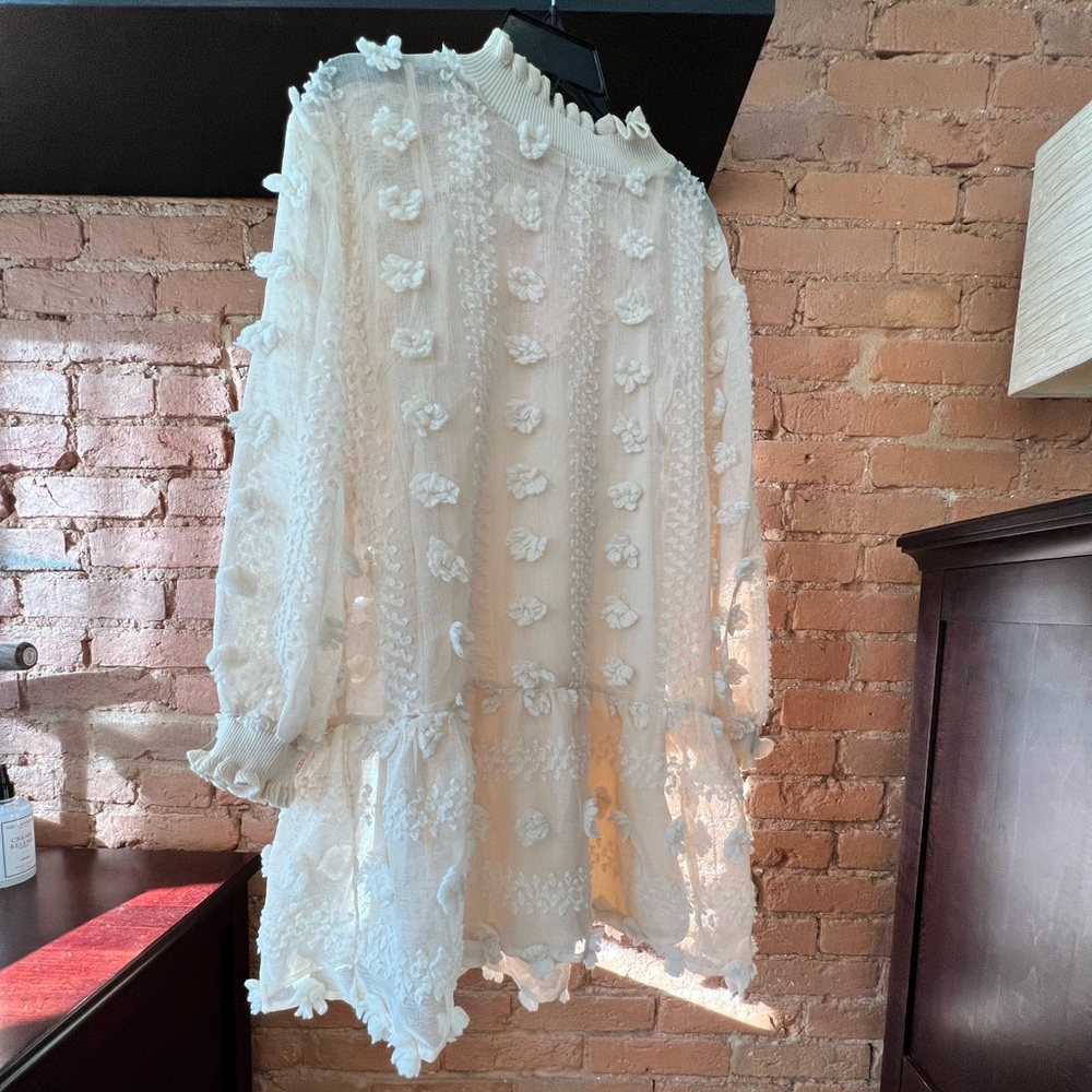 Cream colored, sheer mock-neck pom pom dress
